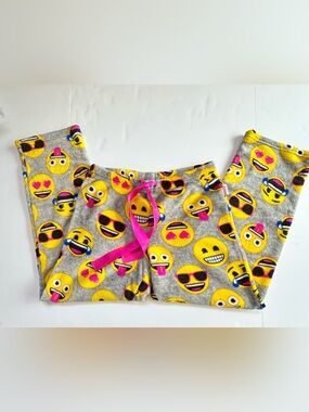 Grey Emoji Print Women's Pajama Pants with Pink Drawstring
